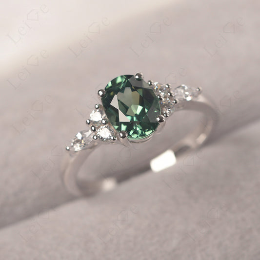 Green Sapphire Ring Sterling Silver Oval Cut Ring