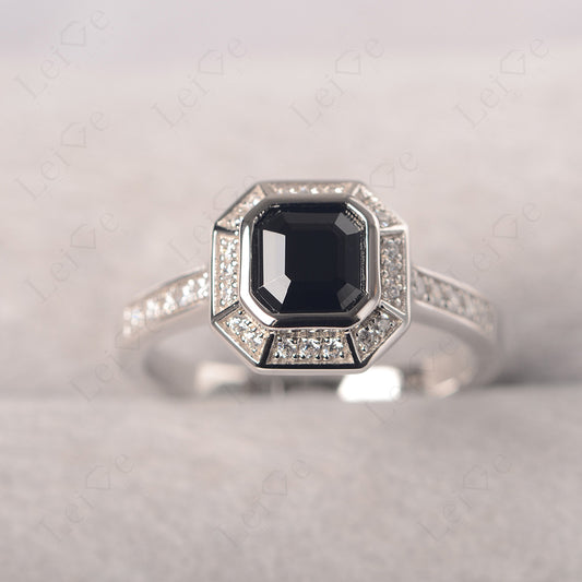 Asscher Cut Black Spinel Bezel Set Halo Engagement Ring