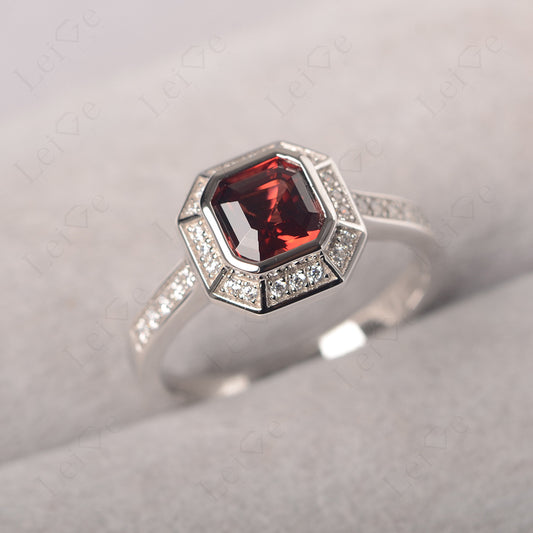 Asscher Cut Garnet Bezel Set Halo Engagement Ring