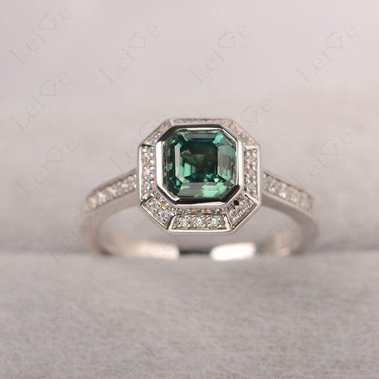 Asscher Cut Green Sapphire Bezel Set Halo Engagement Ring