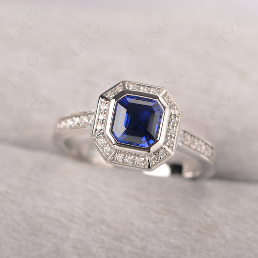 Asscher Cut Sapphire Bezel Set Halo Engagement Ring