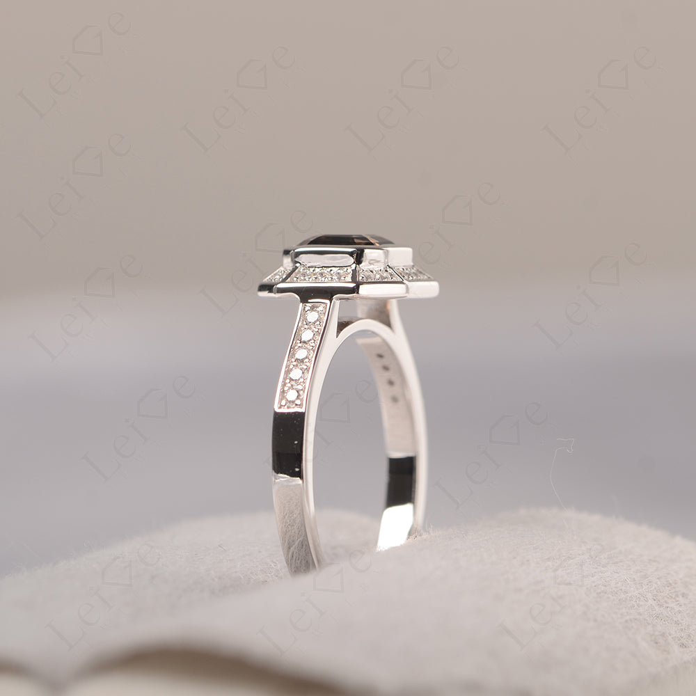 Asscher Cut Smoky Quartz Bezel Set Halo Engagement Ring