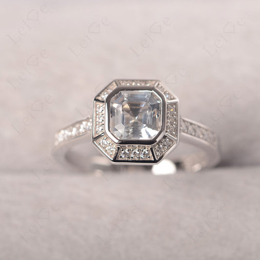 Asscher Cut White Topaz Bezel Set Halo Engagement Ring