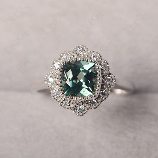 Cushion Cut Green Sapphire Milgrain Ring