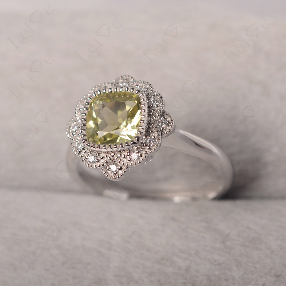 Cushion Cut Lemon Quartz Milgrain Ring