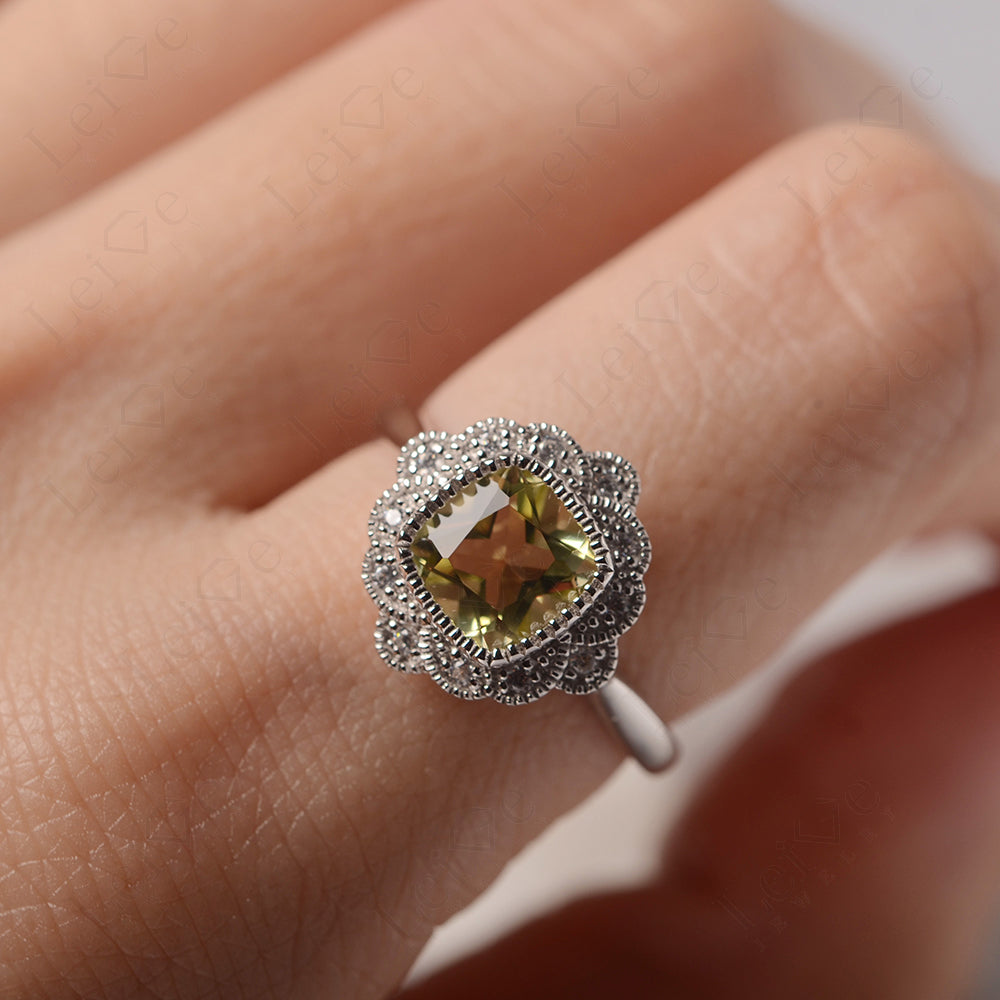 Cushion Cut Lemon Quartz Milgrain Ring
