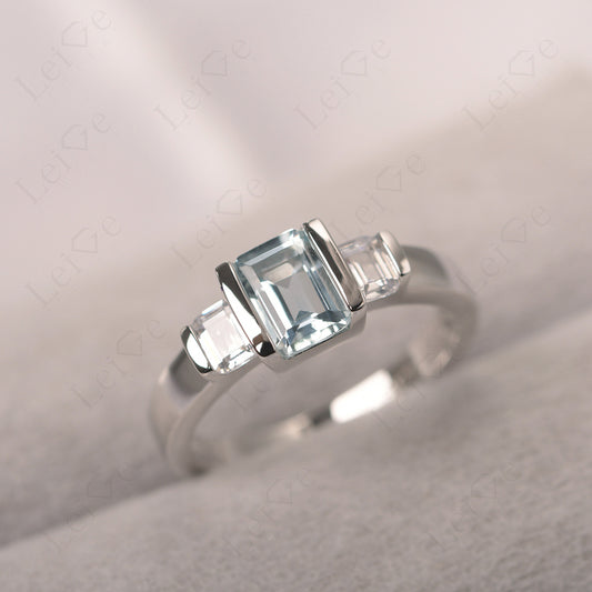 Vintage Aquamarine Ring Bezel Set Emerald Cut Ring