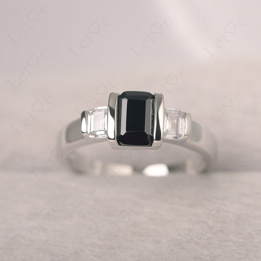 Vintage Black Spinel Ring Bezel Set Emerald Cut Ring
