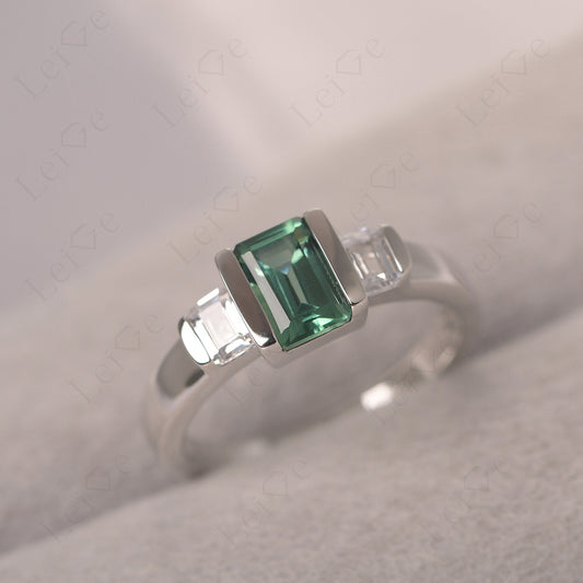 Vintage Green Sapphire Ring Bezel Set Emerald Cut Ring