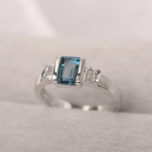 Vintage London Blue Topaz Ring Bezel Set Emerald Cut Ring