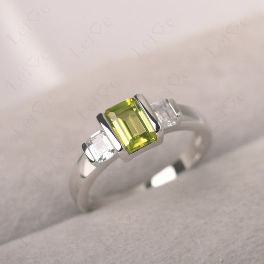 Vintage Peridot Ring Bezel Set Emerald Cut Ring