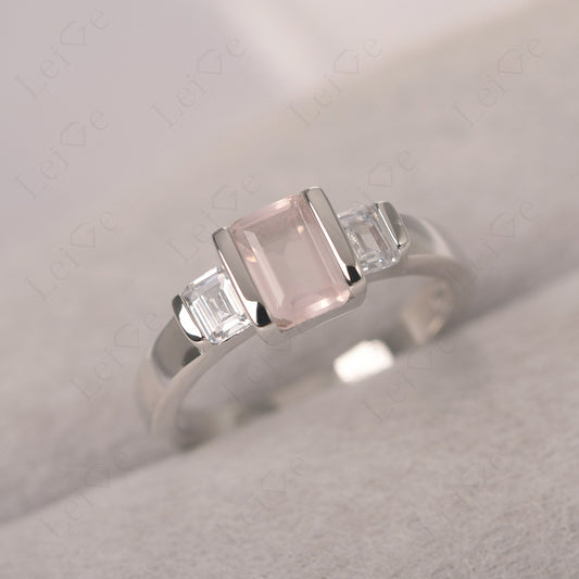 Vintage Rose Quartz Ring Bezel Set Emerald Cut Ring