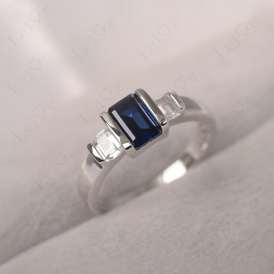 Vintage Sapphire Ring Bezel Set Emerald Cut Ring