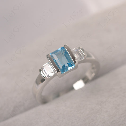 Vintage Swiss Blue Topaz Ring Bezel Set Emerald Cut Ring