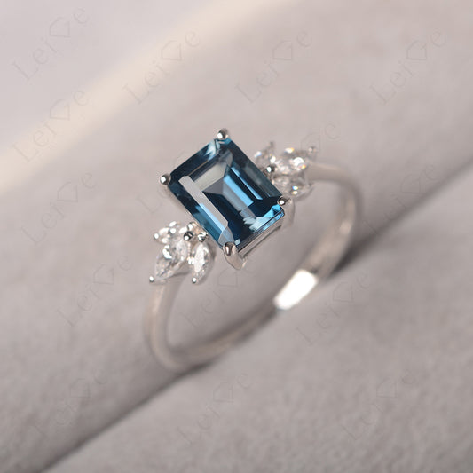 London Blue Topaz Ring Emerald Cut Wedding Ring Gold