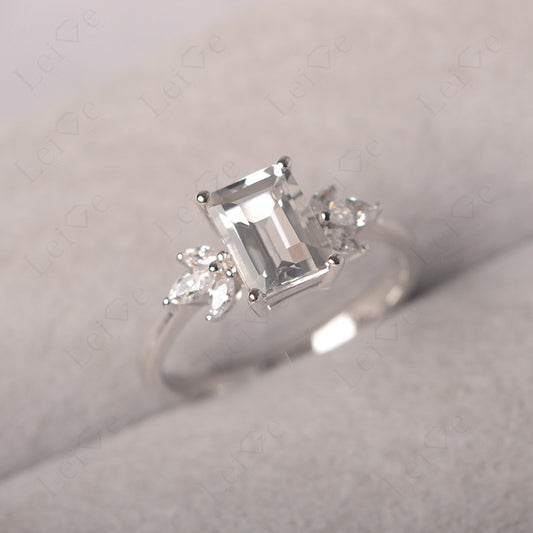 White Topaz Ring Emerald Cut Wedding Ring Gold