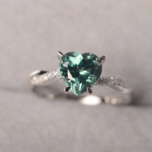 Twisted Heart Shaped Green Sapphire Ring White Gold