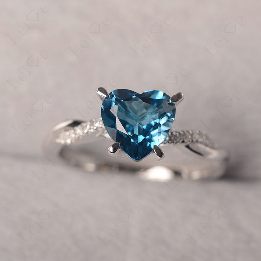 Twisted Heart Shaped London Blue Topaz Ring White Gold