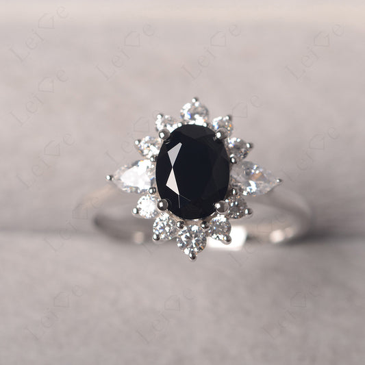 Oval Cut Black Spinel Ring With Pear Side Stone