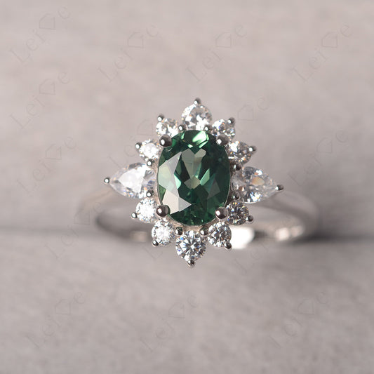 Oval Cut Green Sapphire Ring With Pear Side Stone