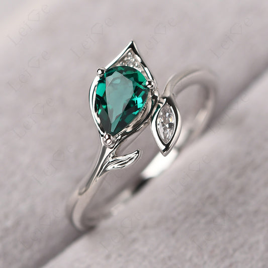 Pear Shaped Emerald Leaf Engagement Ring