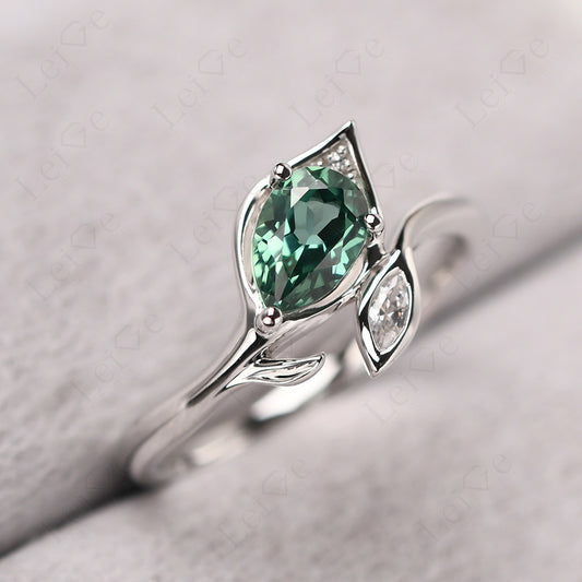 Pear Shaped Green Sapphire Leaf Engagement Ring