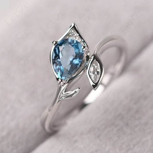 Pear Shaped London Blue Topaz Leaf Engagement Ring