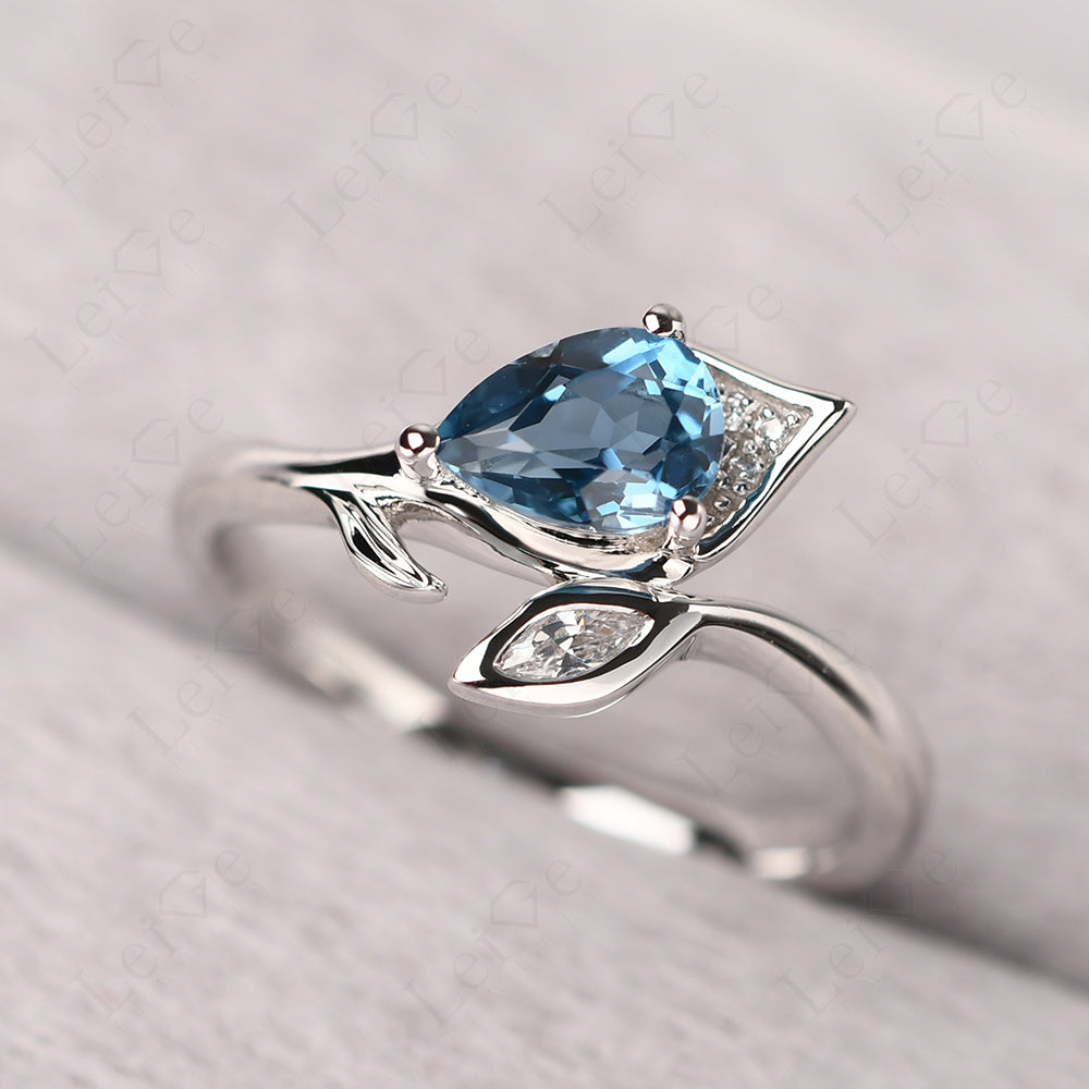 Pear Shaped London Blue Topaz Leaf Engagement Ring