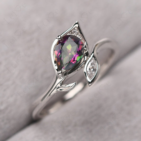 Pear Shaped Mystic Topaz Leaf Engagement Ring
