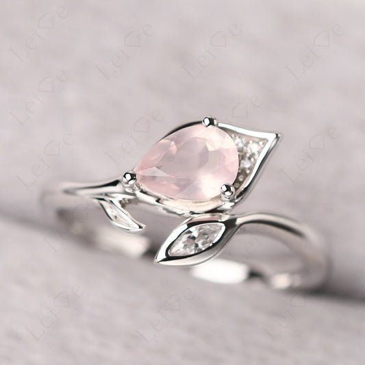 Pear Shaped Rose Quartz Leaf Engagement Ring
