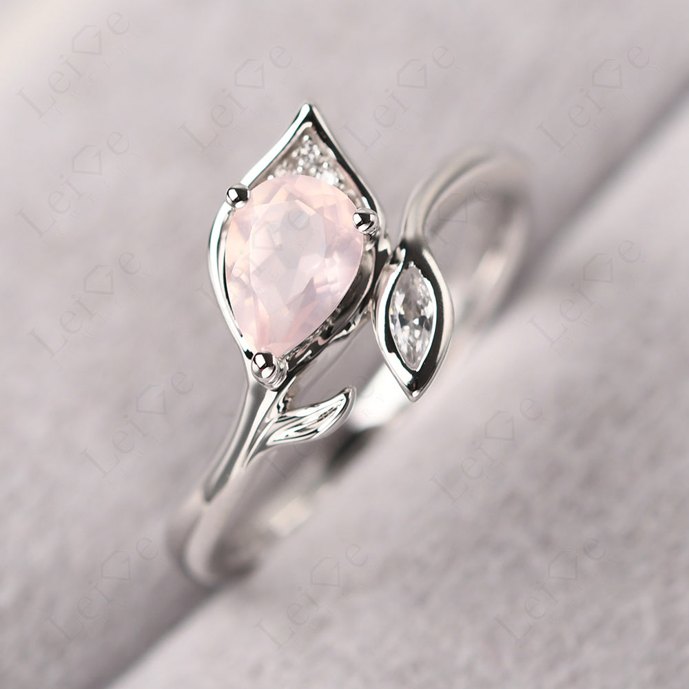 Pear Shaped Rose Quartz Leaf Engagement Ring