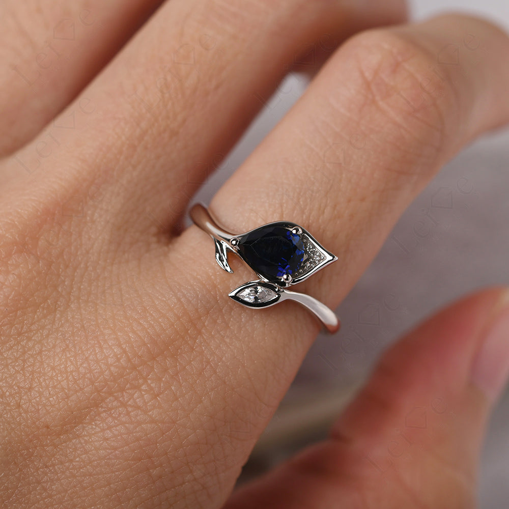 Pear Shaped Sapphire Leaf Engagement Ring