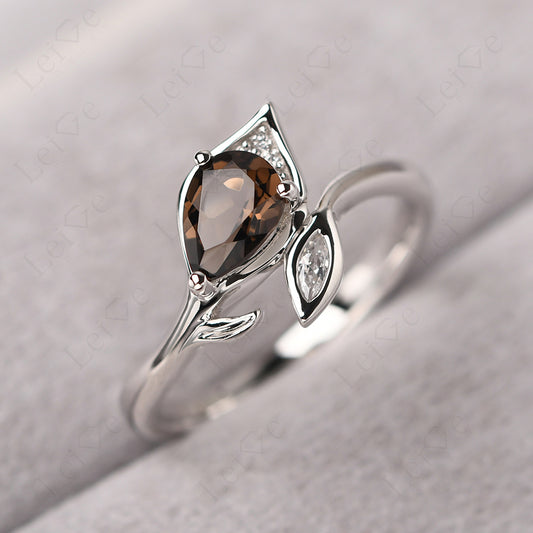 Pear Shaped Smoky Quartz Leaf Engagement Ring