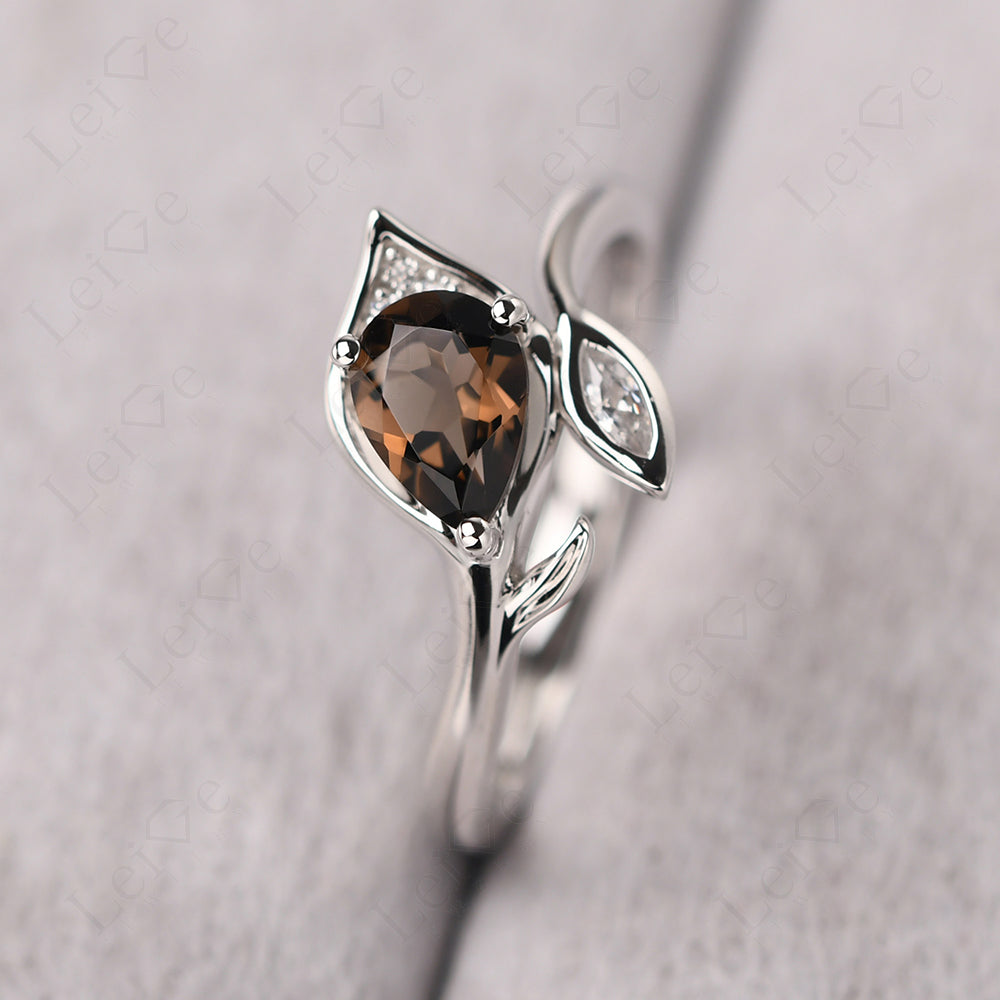 Pear Shaped Smoky Quartz Leaf Engagement Ring
