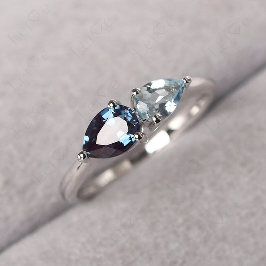 East West Pear Alexandrite And Aquamarine Ring