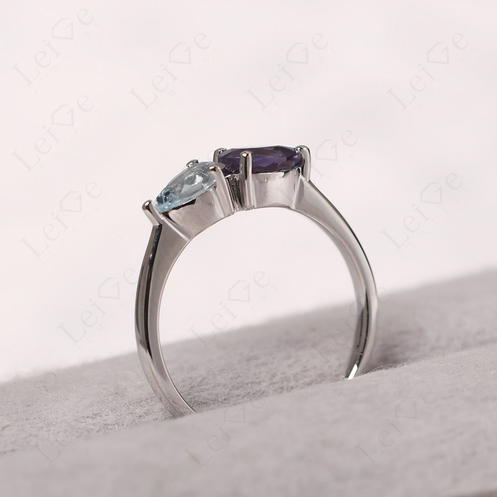 East West Pear Alexandrite And Aquamarine Ring