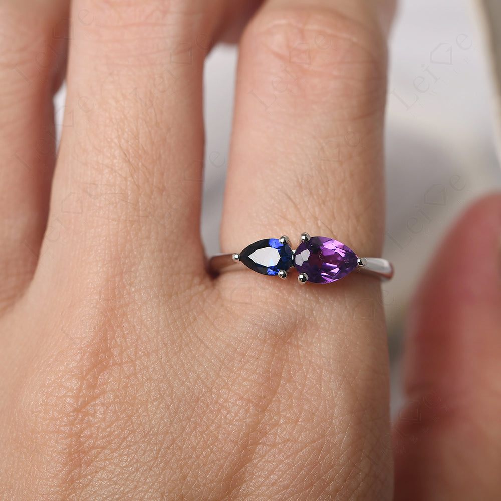 East West Pear Amethyst And Sapphire Ring