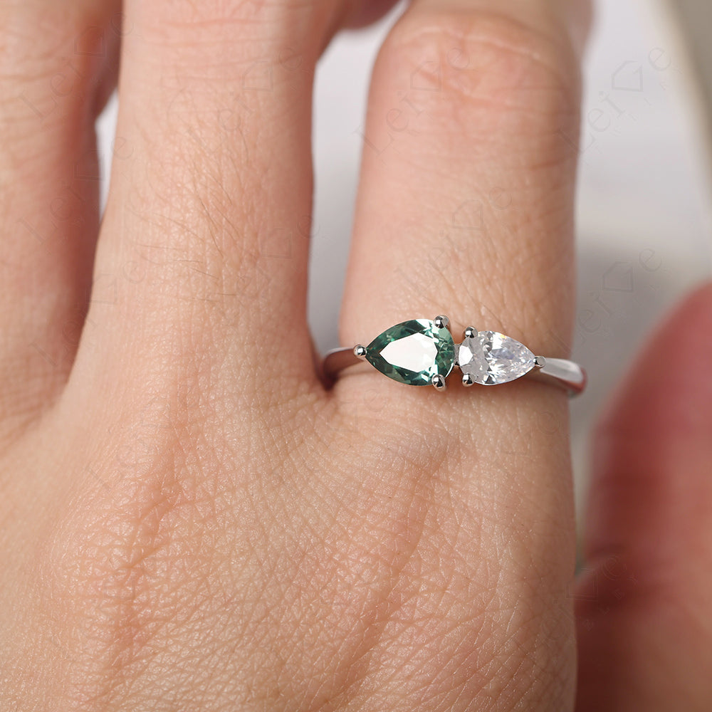East West Pear Cubic Zirconia And Green Sapphire Ring