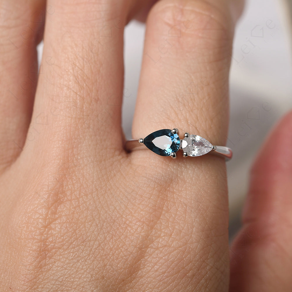 East West Pear Cubic Zirconia And London Blue Topaz Ring