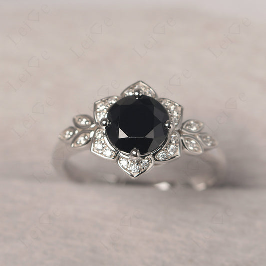 Round Cut Black Spinel Flower Ring Yellow Gold
