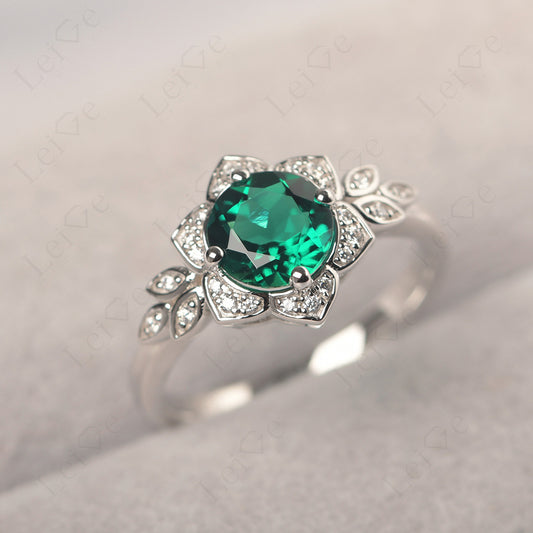 Round Cut Emerald Flower Ring Yellow Gold