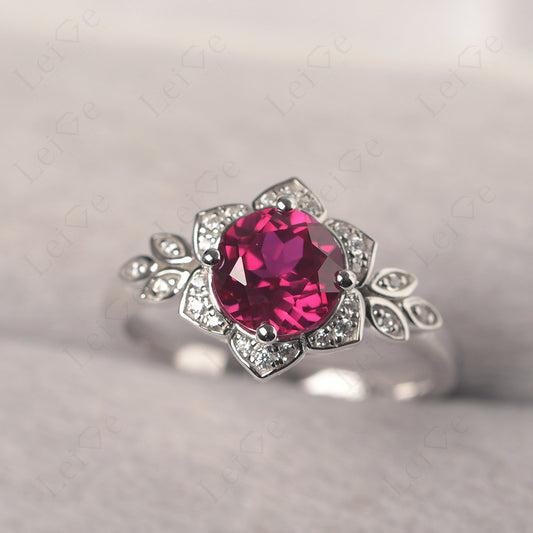 Round Cut Ruby Flower Ring Yellow Gold