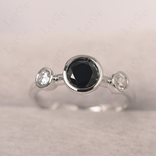 Black Spinel Wedding Ring 3 Stone Bezel Set Ring