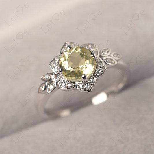 Round Cut Lemon Quartz Flower Ring Yellow Gold