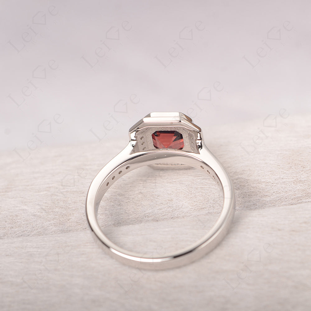Asscher Cut Garnet Bezel Set Halo Engagement Ring