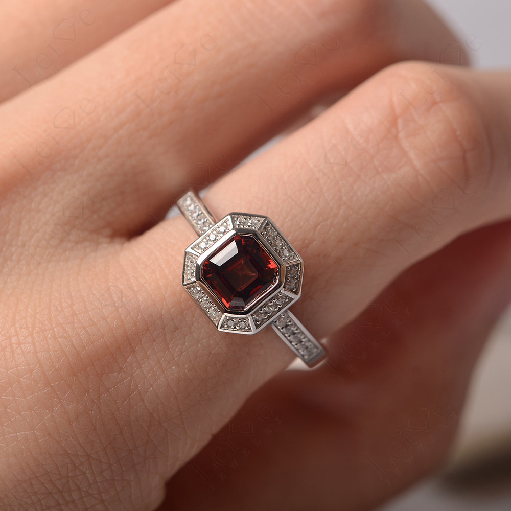 Asscher Cut Garnet Bezel Set Halo Engagement Ring