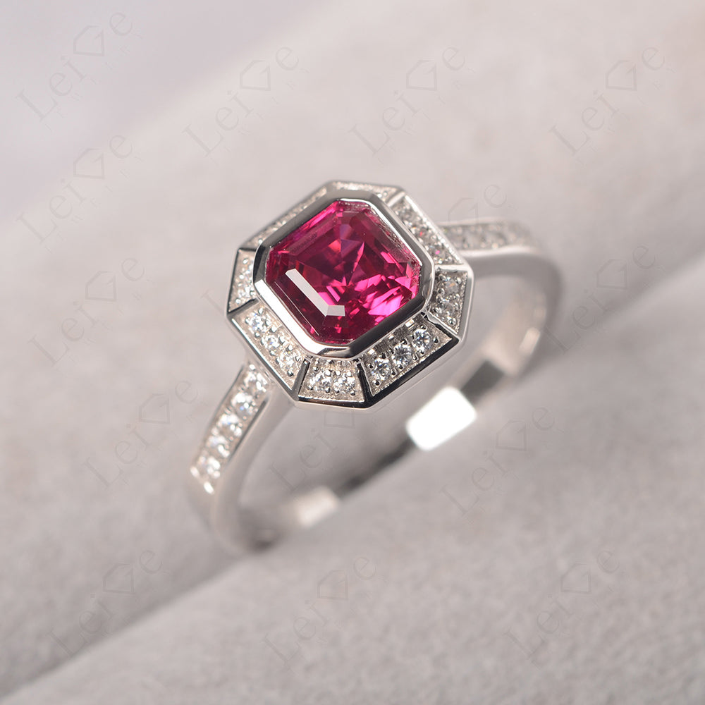 Asscher Cut Ruby Bezel Set Halo Engagement Ring