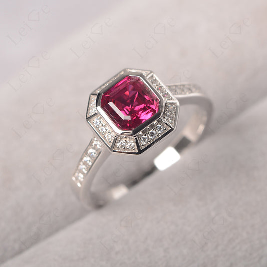 Asscher Cut Ruby Bezel Set Halo Engagement Ring