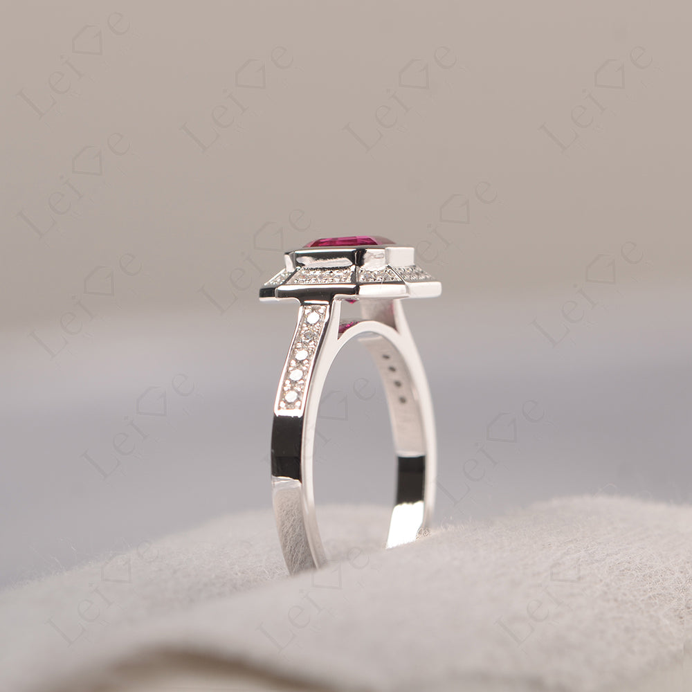 Asscher Cut Ruby Bezel Set Halo Engagement Ring