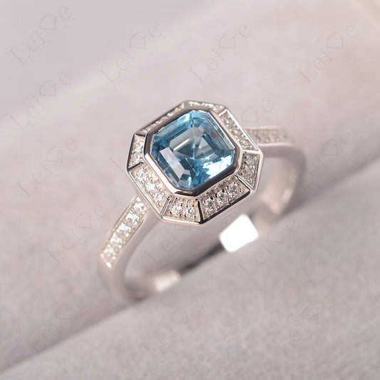 Asscher Cut Swiss Blue Topaz Bezel Set Halo Engagement Ring